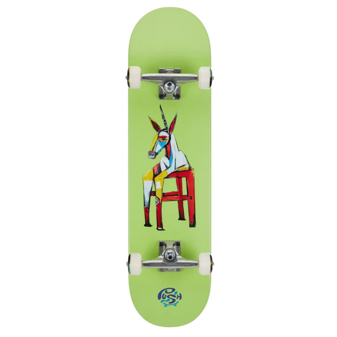 Skateboard with a colorful unicorn design on a green background