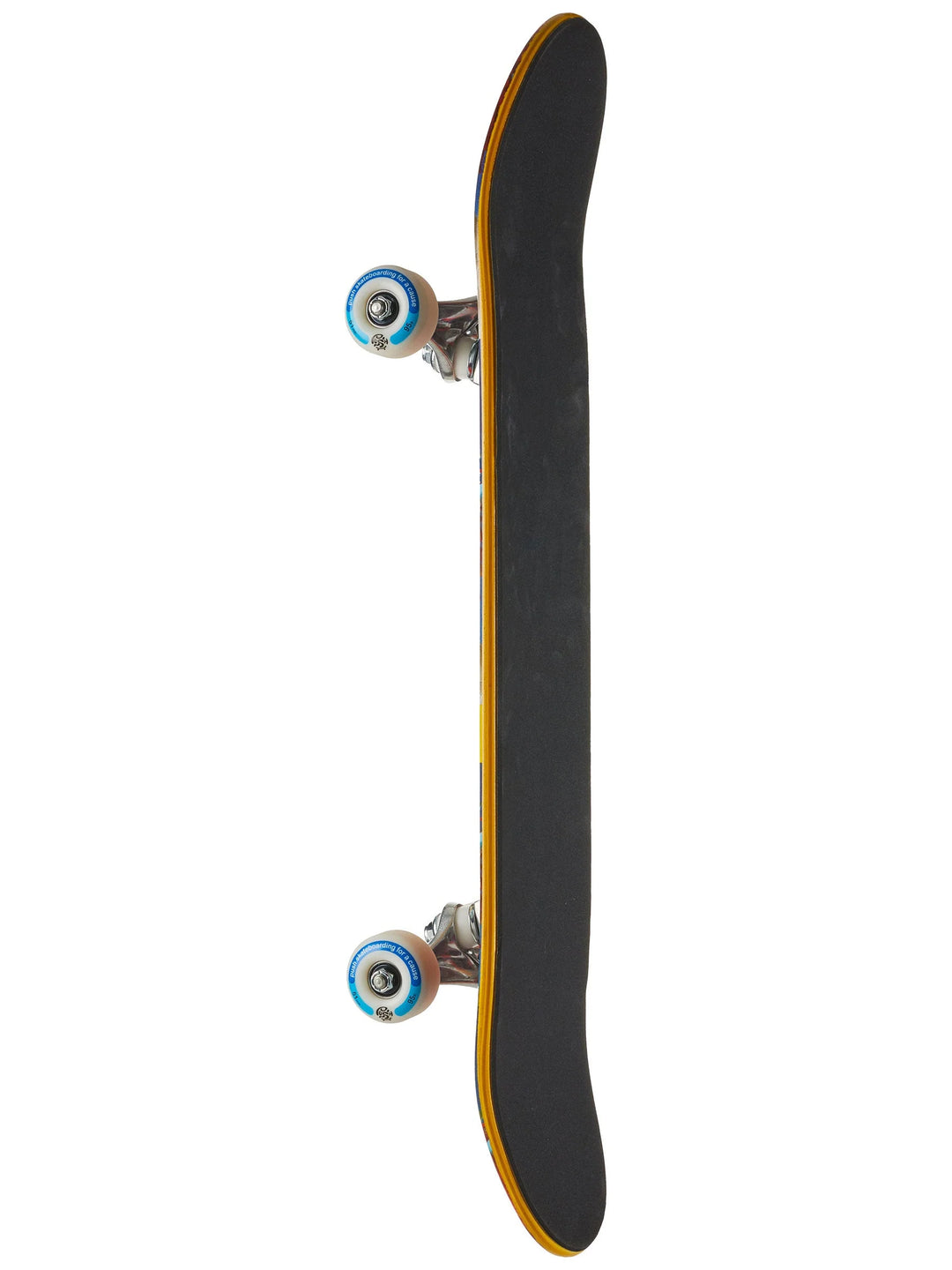 Black skateboard with yellow rim and blue bearings 
