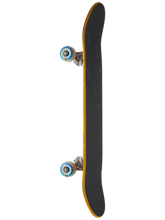 Black skateboard with yellow rim and blue bearings 
