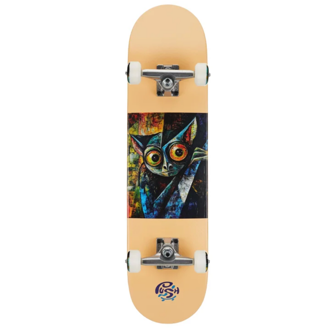 Skateboard with a colorful cat design on a white background