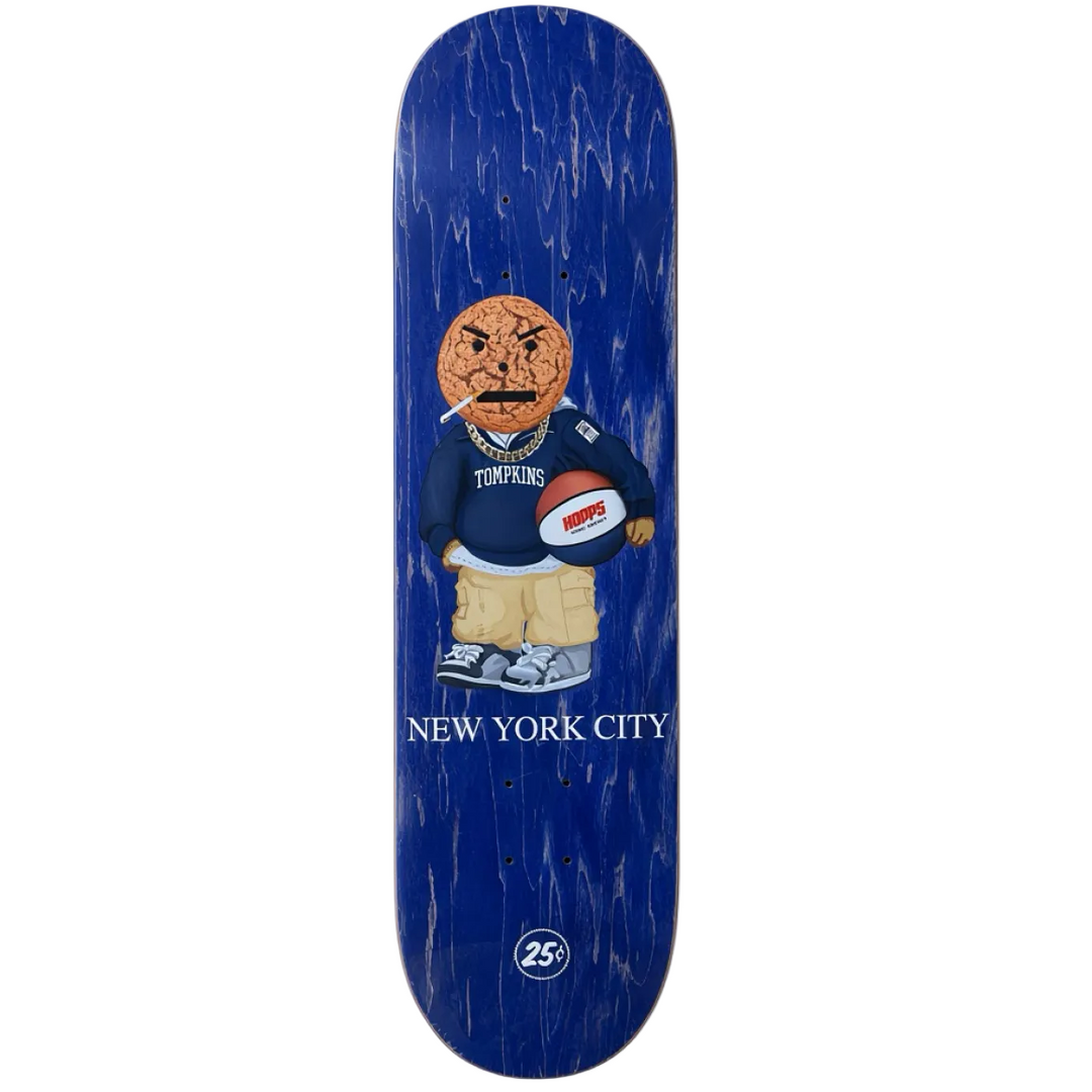A skateboard deck featuring a dark blue wood-grain background with a cartoon character wearing a navy jersey and holding a football, with the text 'NEW YORK CITY' and a '25%' logo near the bottom.