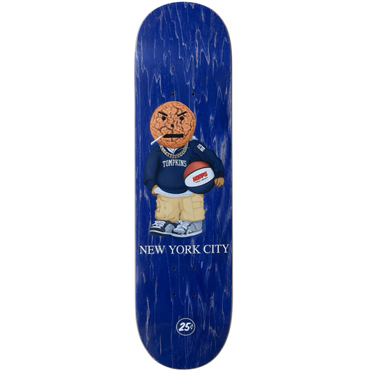 A skateboard deck featuring a dark blue wood-grain background with a cartoon character wearing a navy jersey and holding a football, with the text &