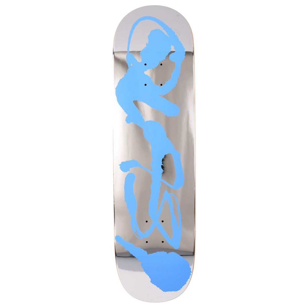 Skateboard deck with blue graphic design on a white background