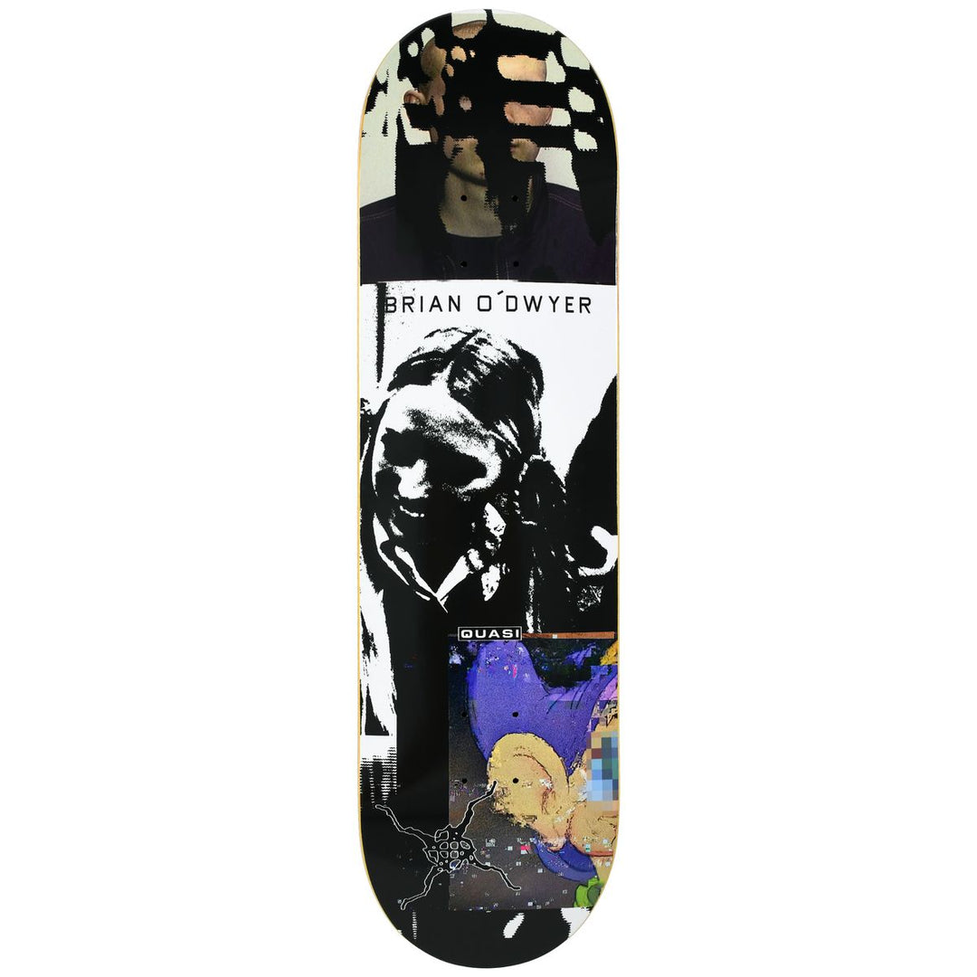A skateboard deck featuring a collage-style graphic design with a large black-and-white portrait, the text &