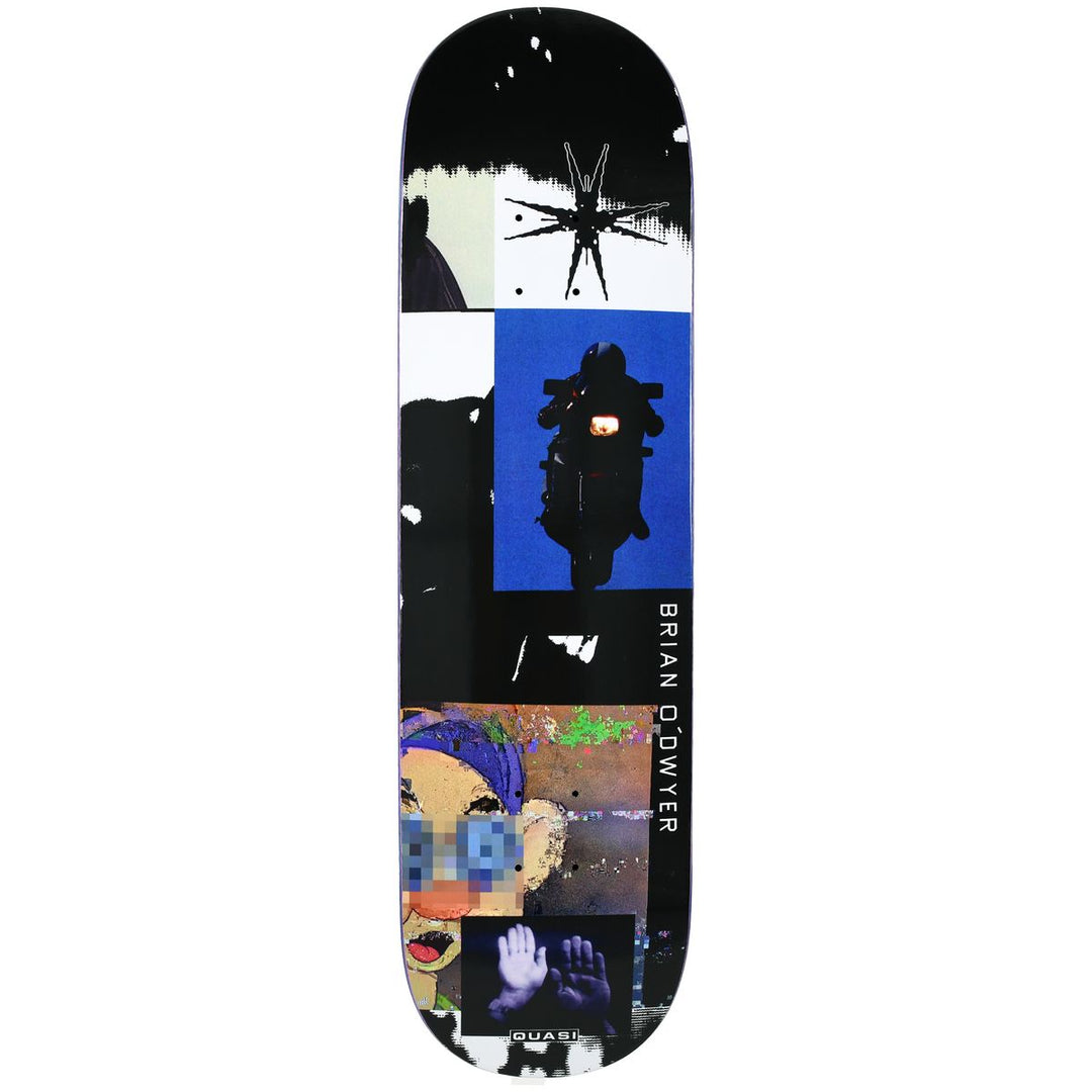 A skateboard deck featuring a complex collage graphic design with black, white, blue, and colorful abstract art, including a motorcycle silhouette and pixelated faces, with the text &