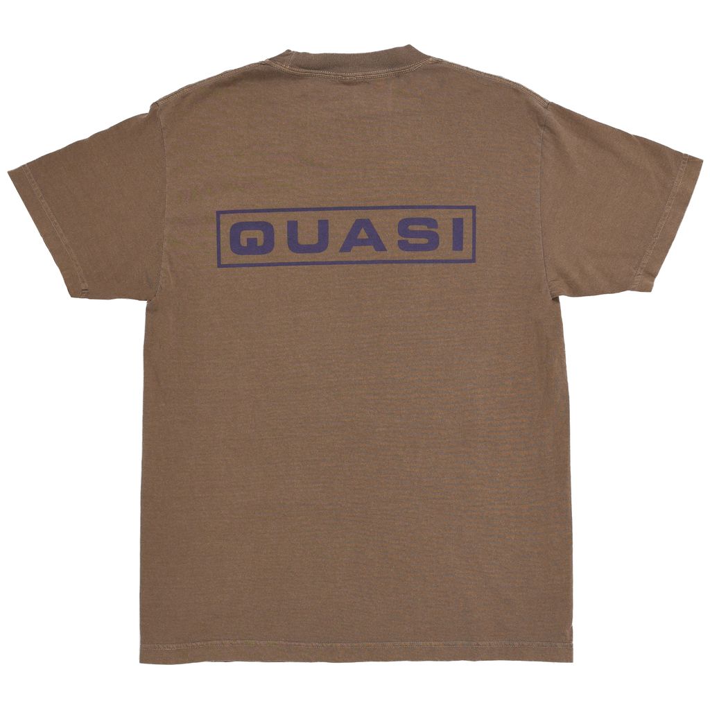Brown t-shirt with 'QUASI' logo on the back against a white background