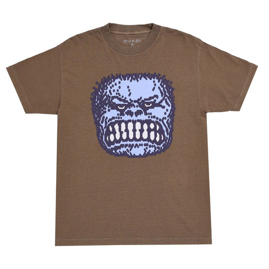 Brown t-shirt with a blue graphic design on a white background