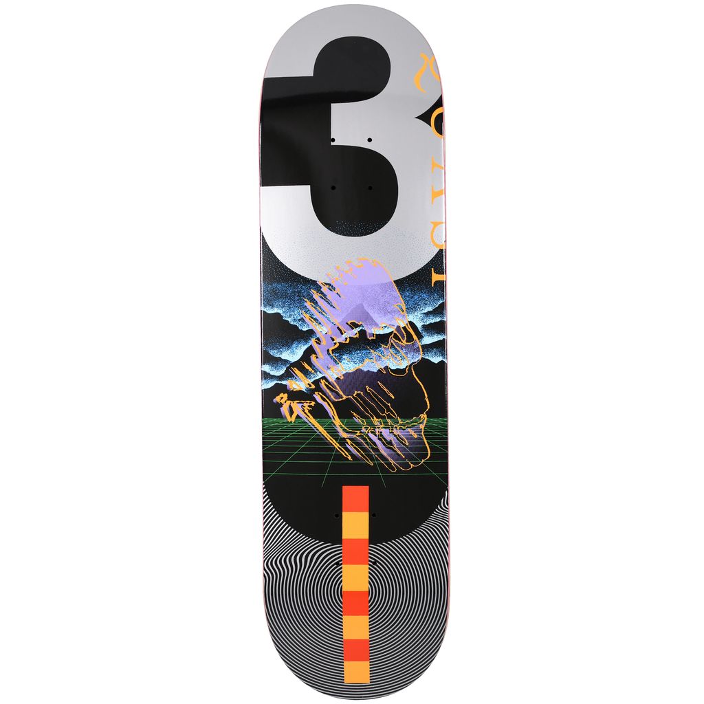 Skateboard deck with abstract design and number 3 on a white background