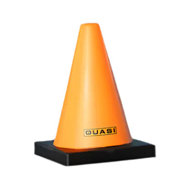 Orange traffic cone with black base on a white background