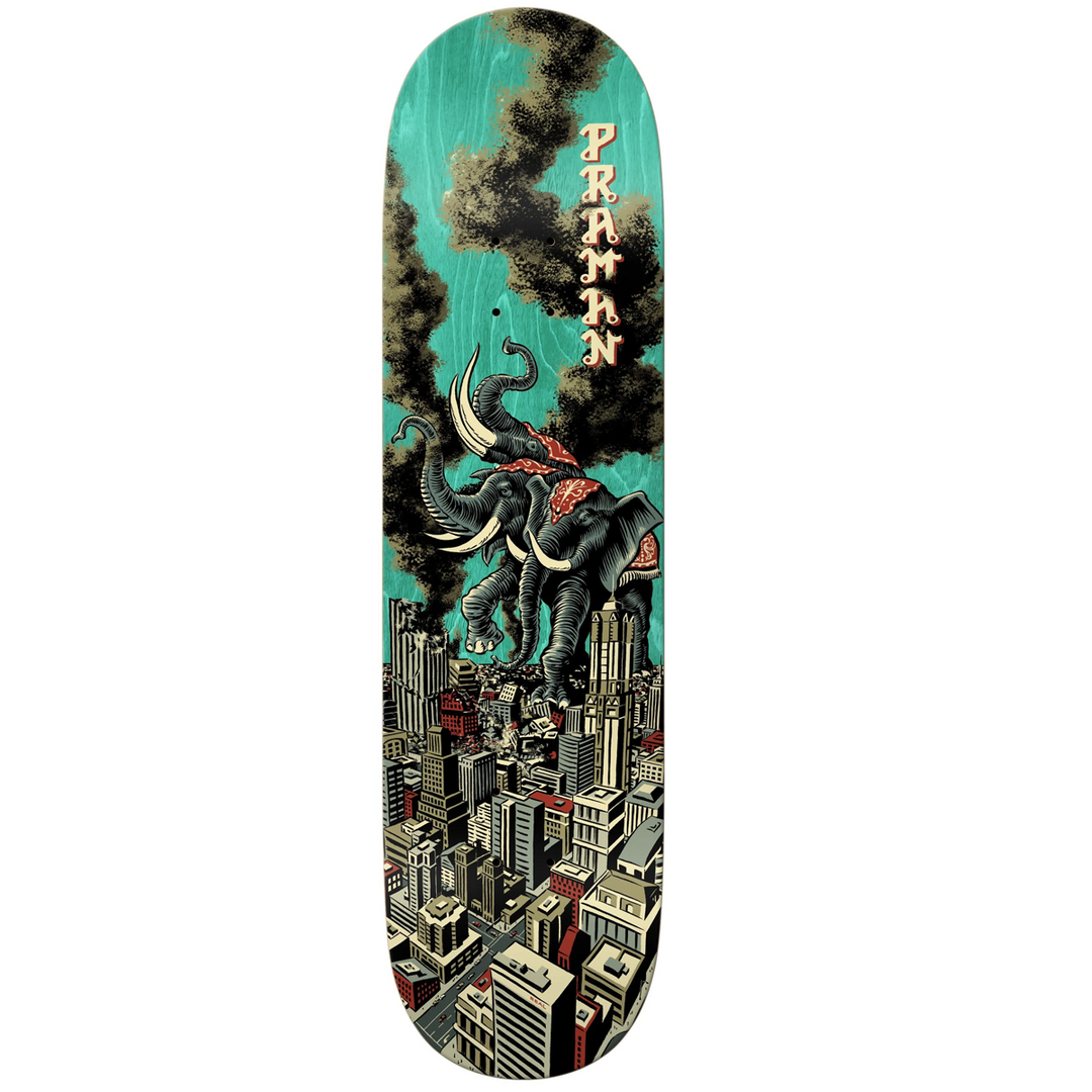 Skateboard deck with elephant and cityscape design on a teal background