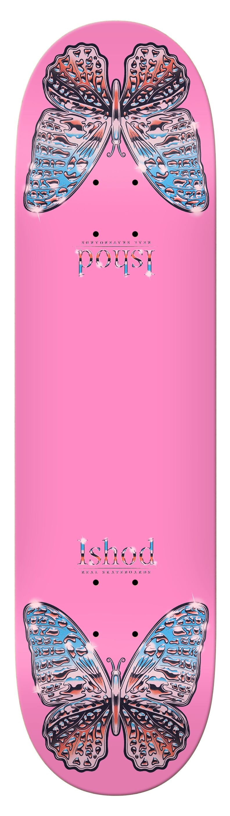 Pink skateboard deck with butterfly designs on a white background