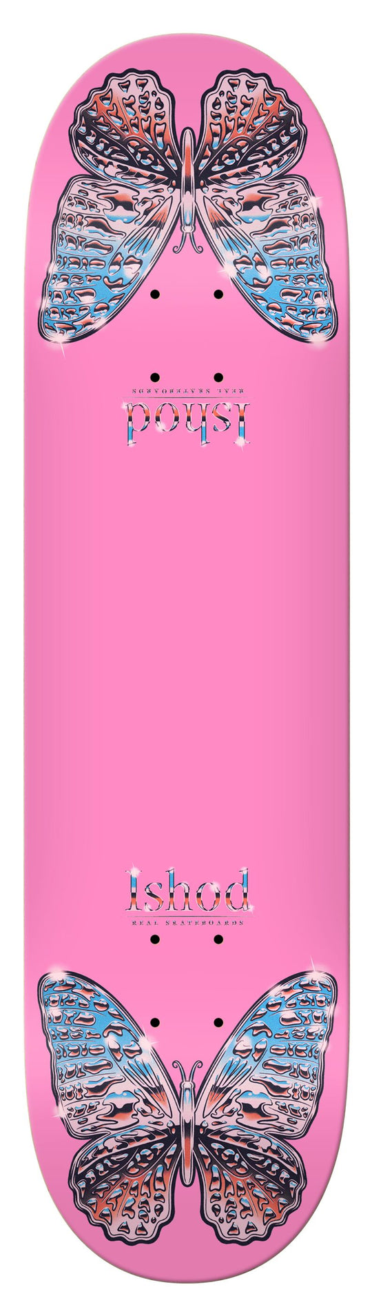 Pink skateboard deck with butterfly designs on a white background