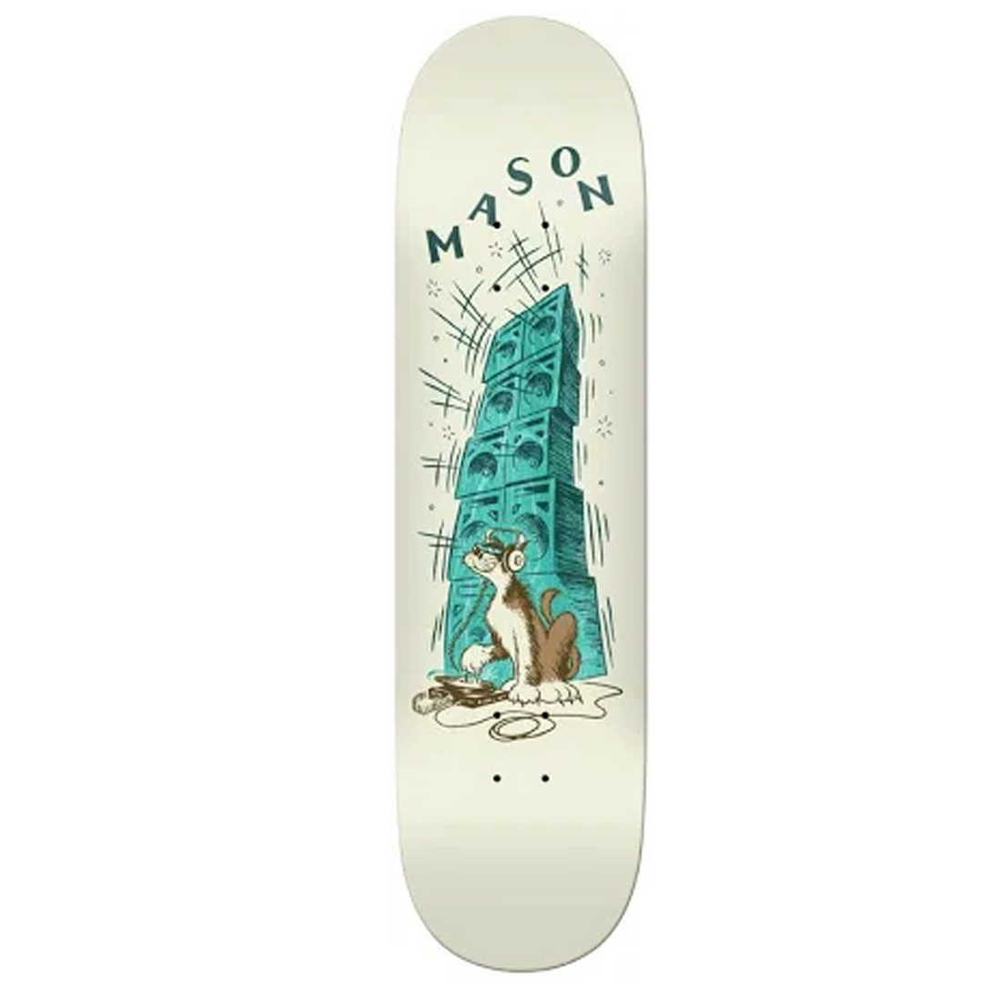 Skateboard deck with a cat and geometric design, featuring the brand 'Mason'.