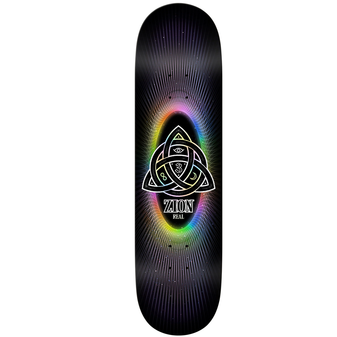Skateboard deck with a colorful design and 'Zion' branding on a black background
