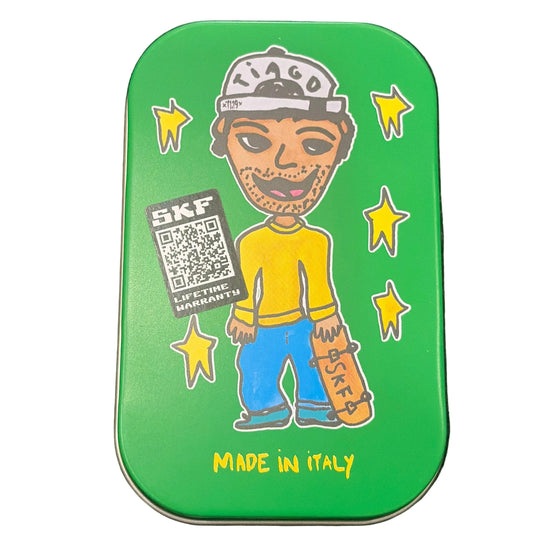 Green skateboard BEARINGS with a cartoon character and SKF branding on a white background