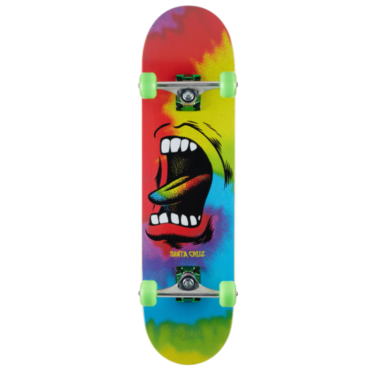 Colorful skateboard with a graphic design on a white background