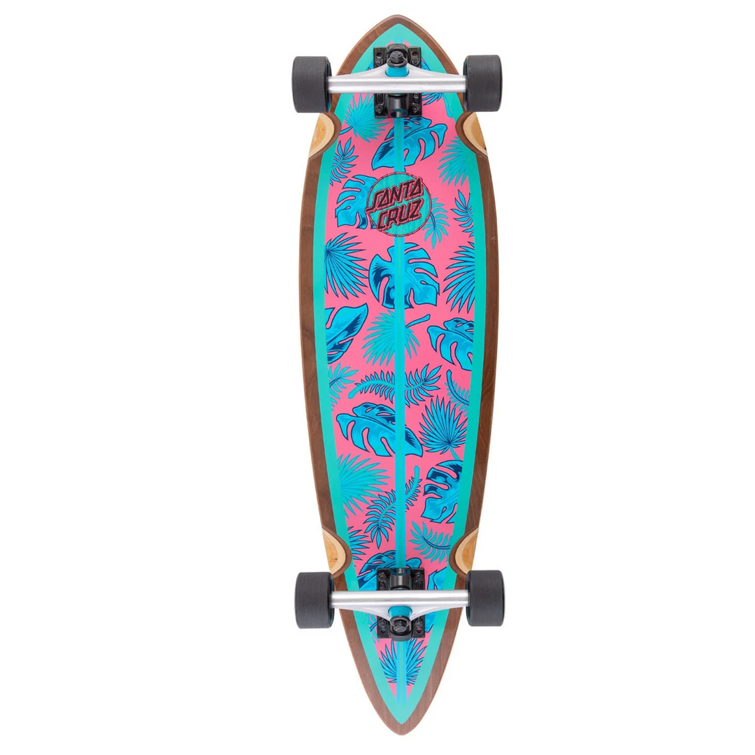 Longboard with tropical leaf pattern on a white background