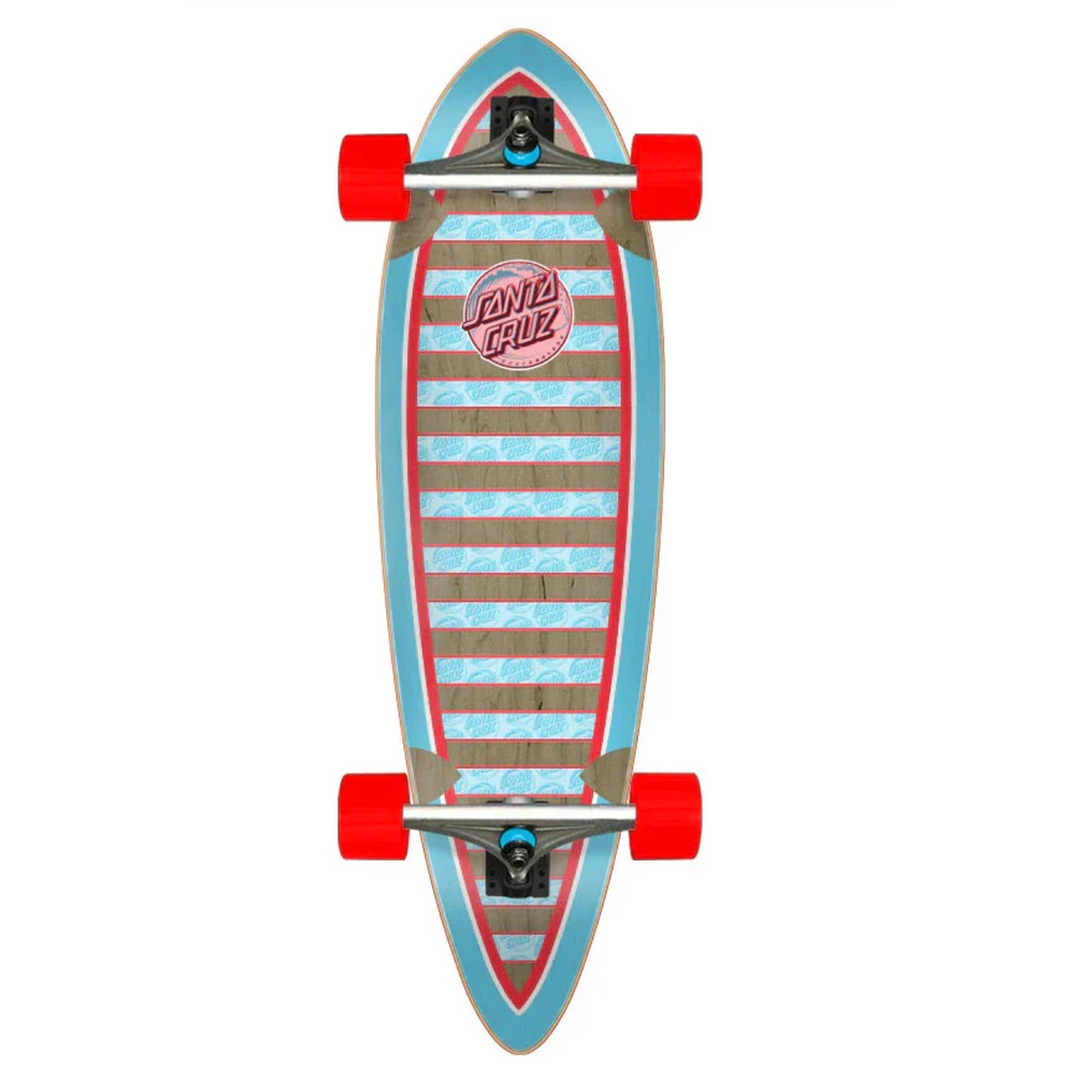 Longboard with striped design and red wheels on a white background