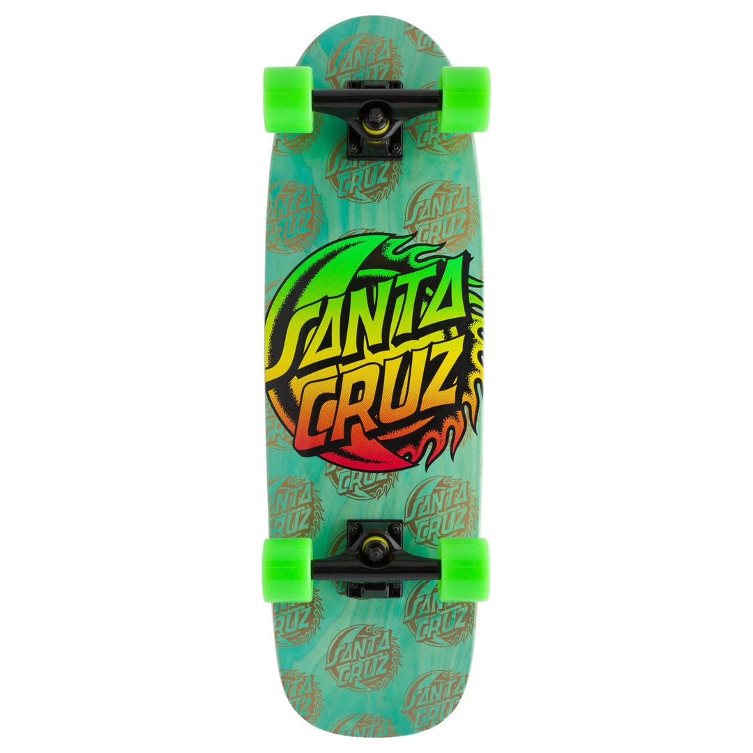 Santa Cruz skateboard with green wheels on a white background