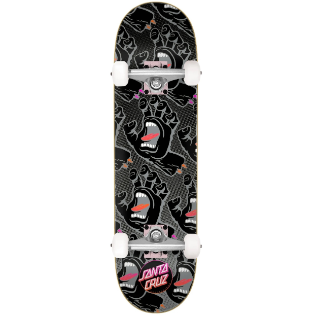 Skateboard with a black and white graphic design on a white background