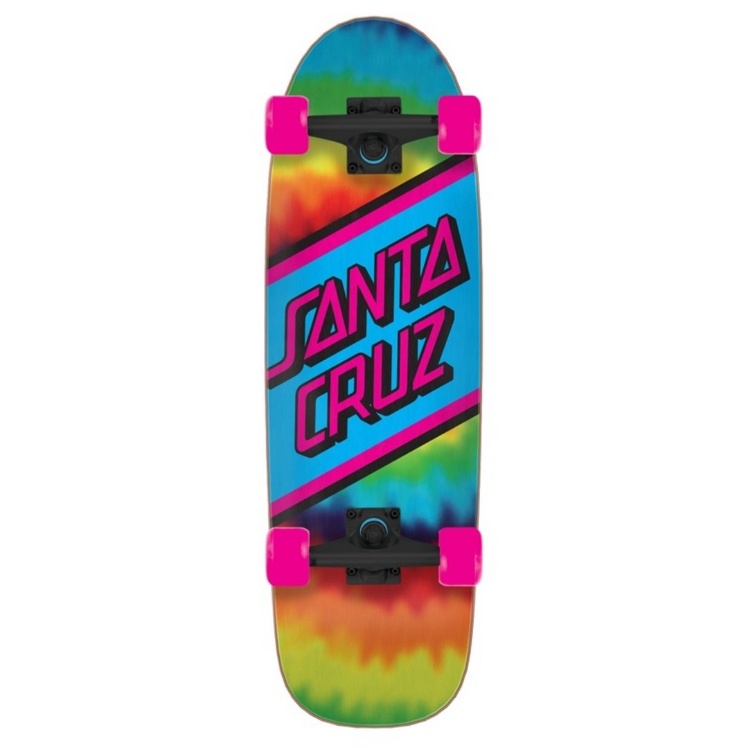 Skateboard with tie-dye design and pink wheels on a white background