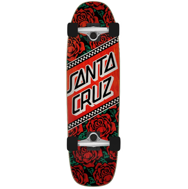 Santa Cruz skateboard deck with red and black rose pattern on a white background