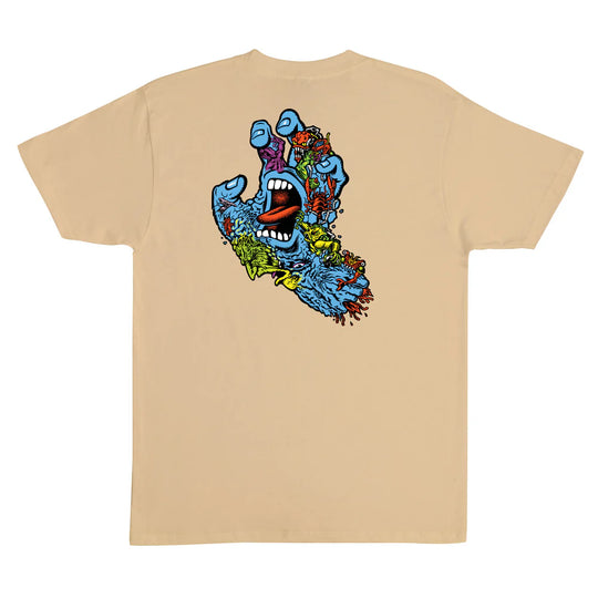 Beige t-shirt with a screaming hand graphic design on the back 