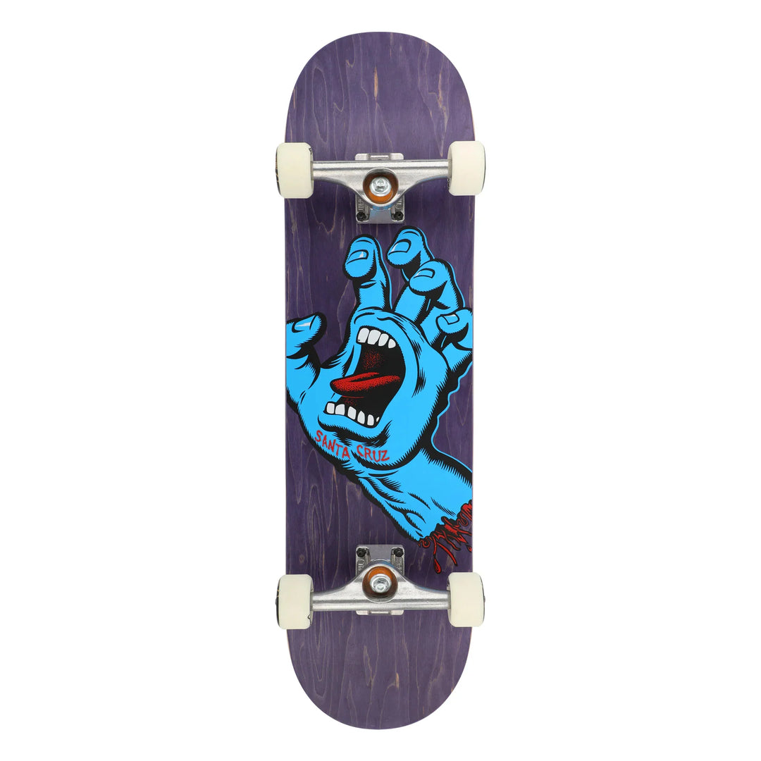 Skateboard with a graphic design of a blue hand holding a red object on a purple deck.