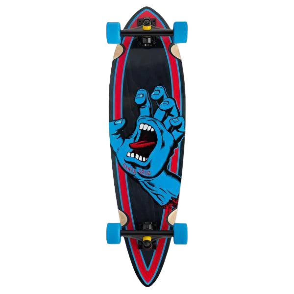 Skateboard with a blue hand graphic on a black background