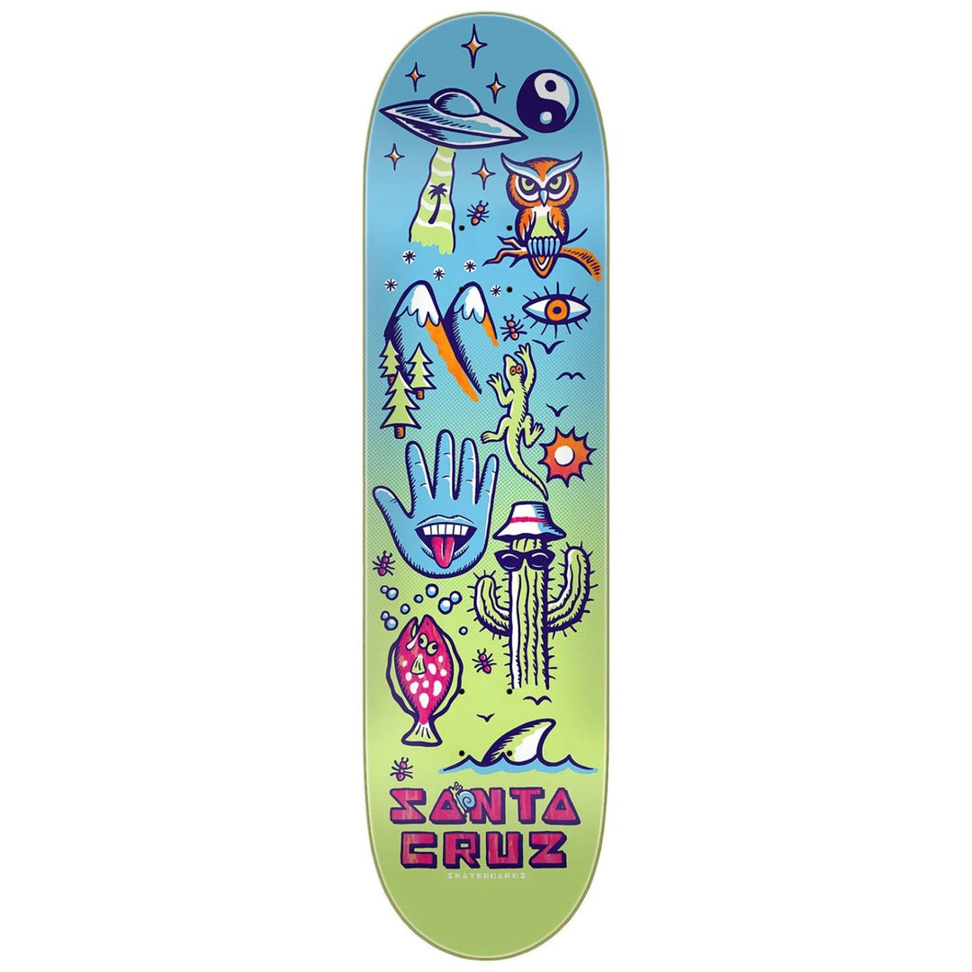 Colorful skateboard deck with various graphics on a white background