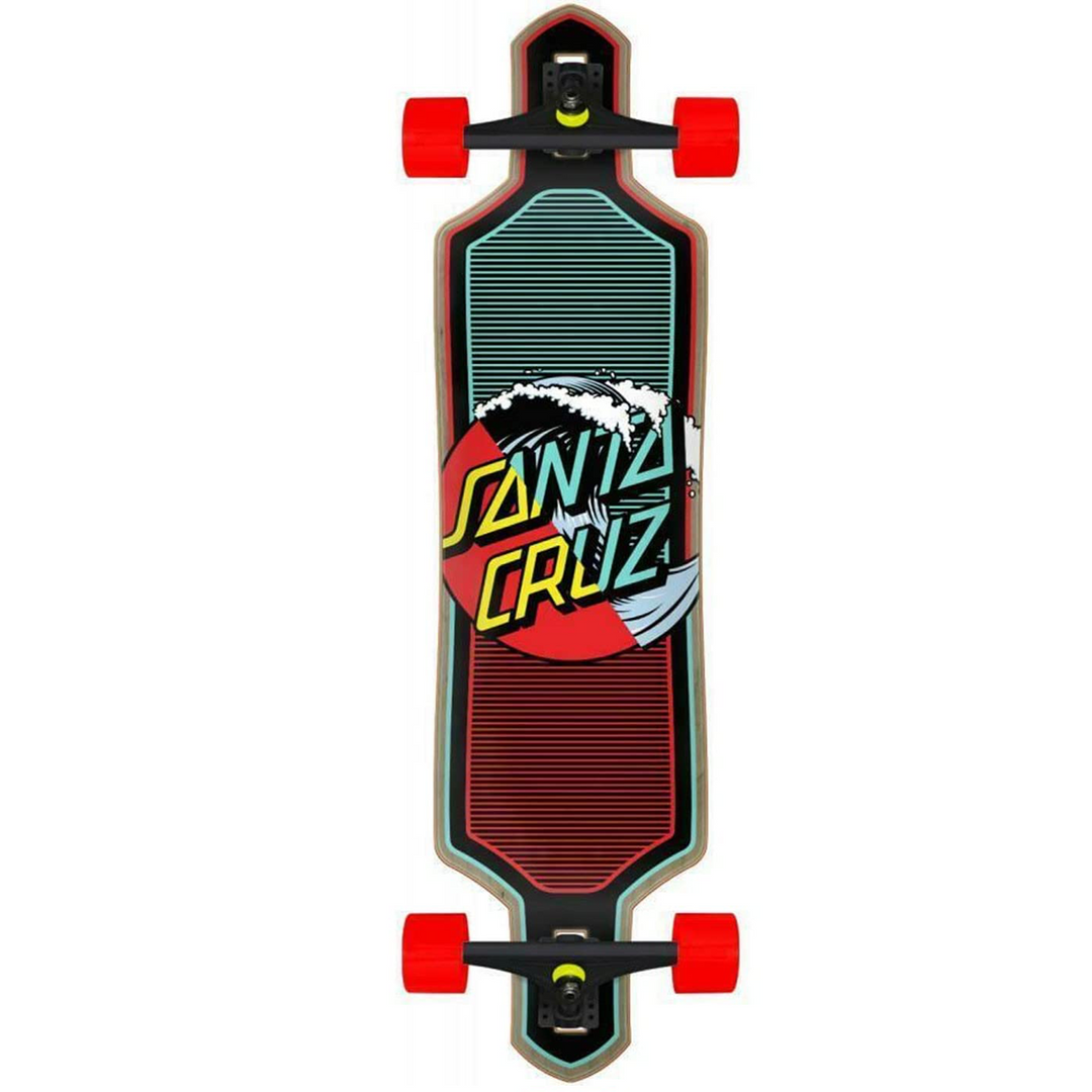 Santa Cruz skateboard deck with a wave design on a white background