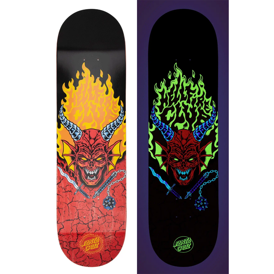 Two skateboard decks with demon-themed designs on a white background
