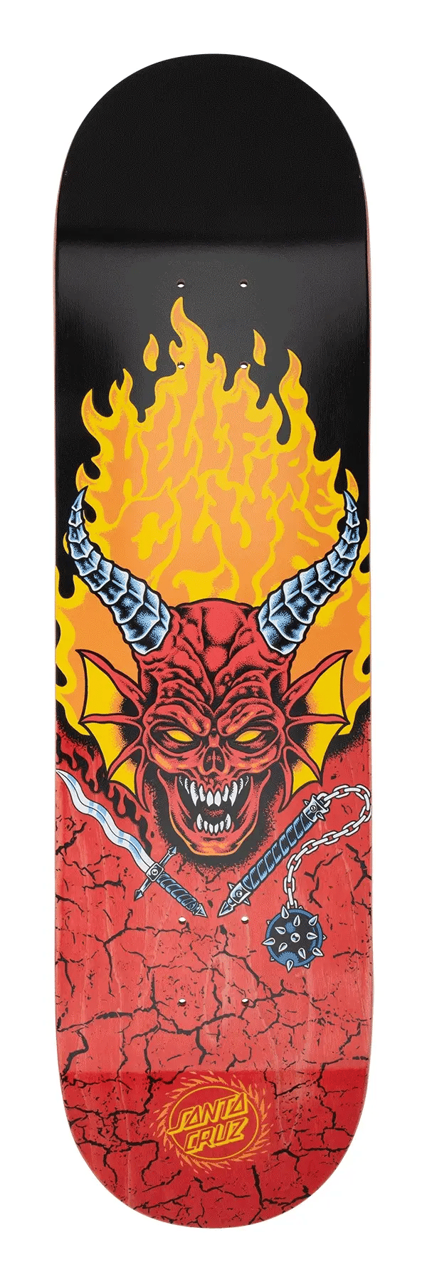 Skateboard deck with a fiery devil design on a black background