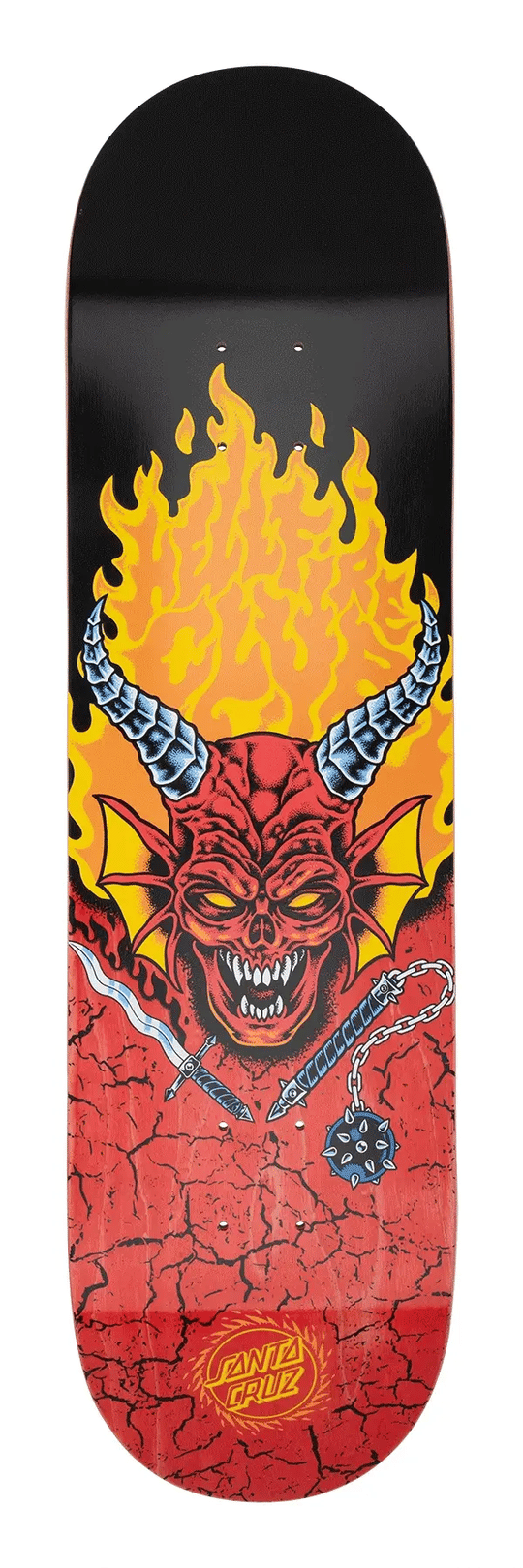Skateboard deck with a fiery devil design on a black background