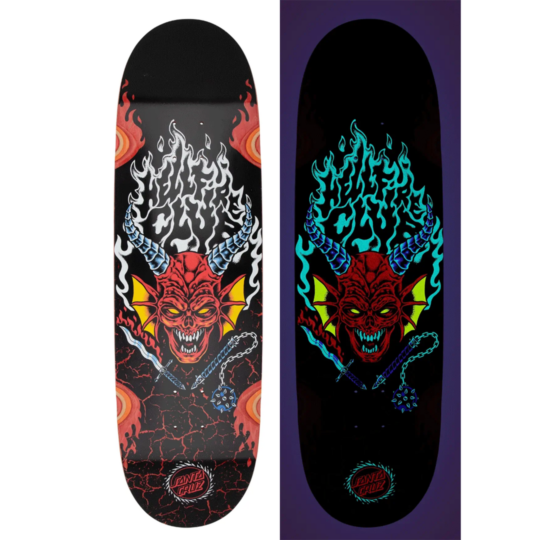 Two skateboard decks with demon-themed designs on a white background
