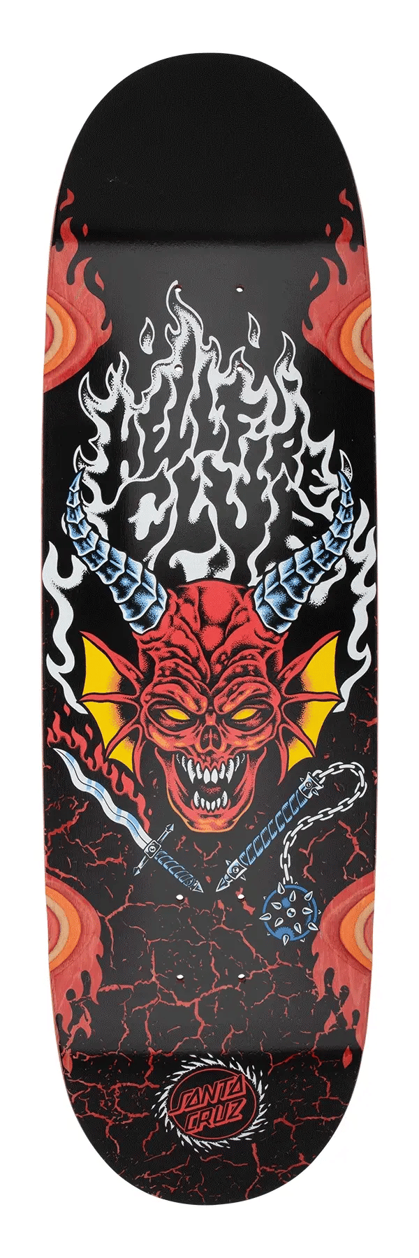 Skateboard deck with a fiery demon design on a black background