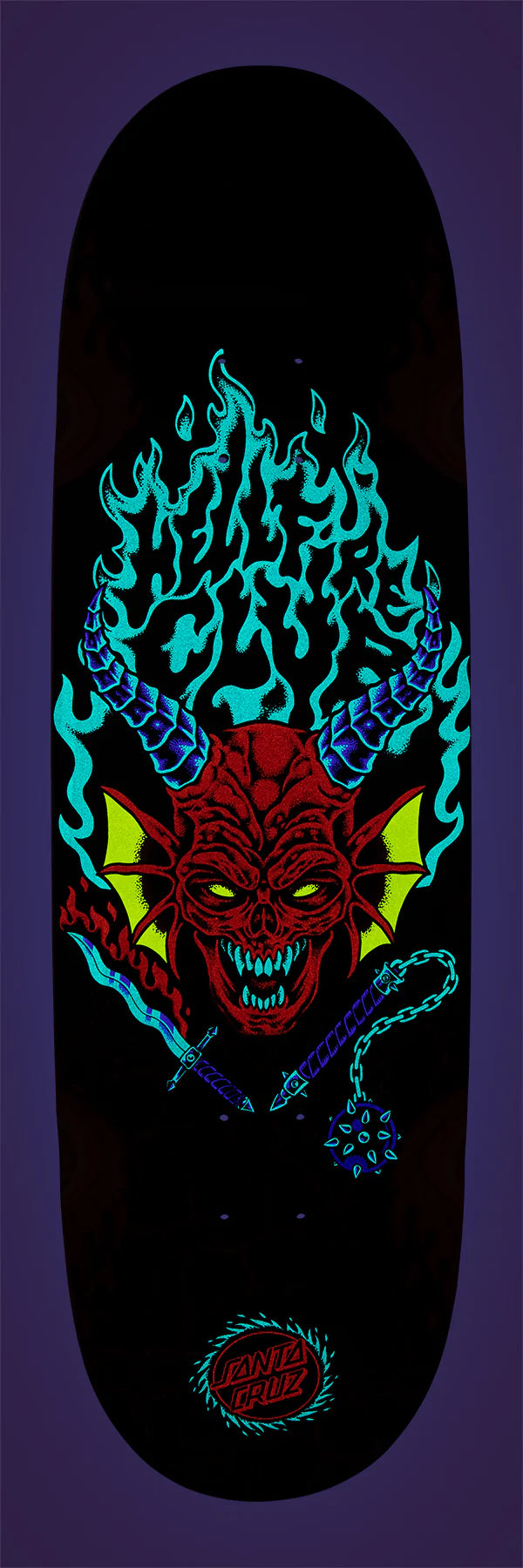 Skateboard deck with a colorful demon design on a purple background