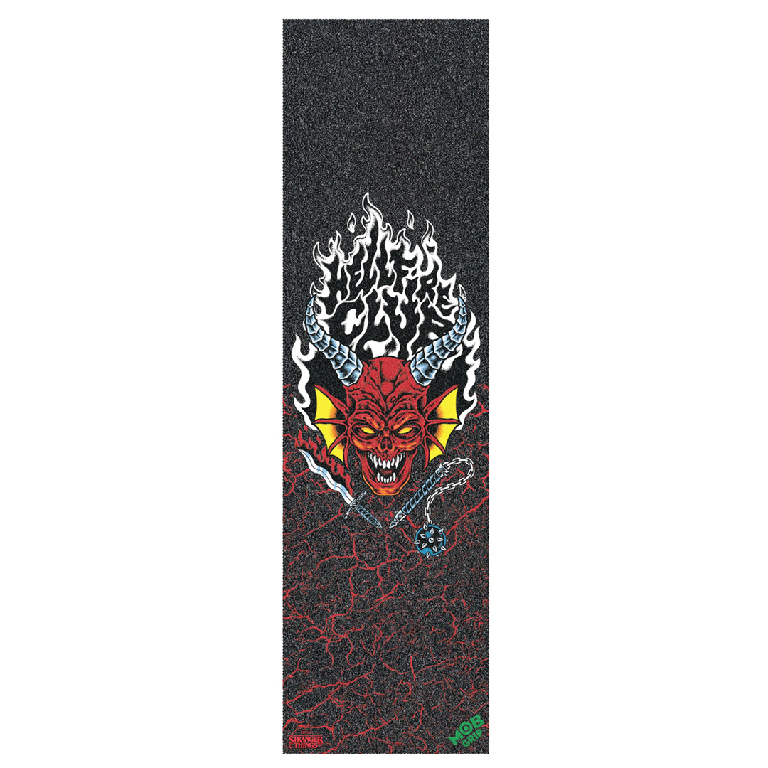 Griptape with a graphic design of a demon face with flames and a sword on a black background.