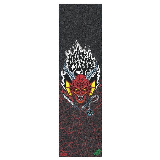 Griptape with a graphic design of a demon face with flames and a sword on a black background.