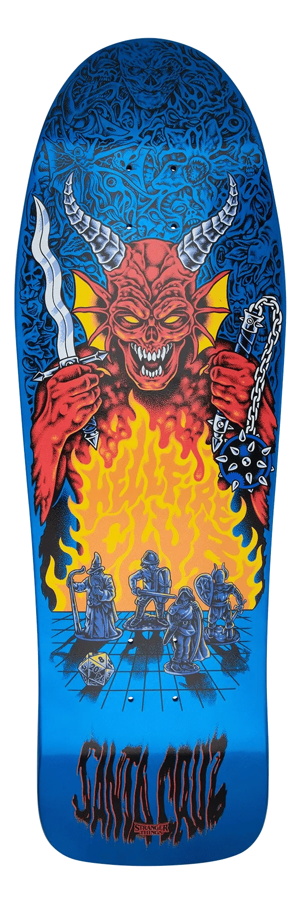 Skateboard deck with a devil-themed design featuring flames and chains on a blue background.