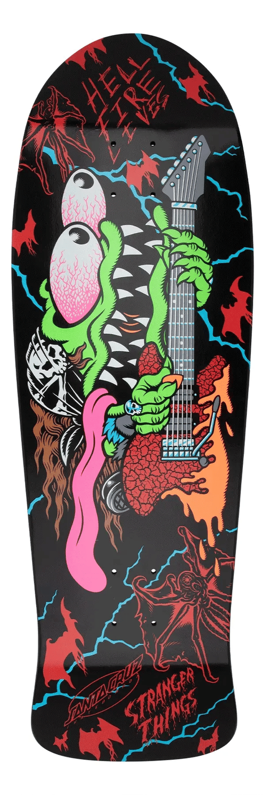 Colorful skateboard deck with guitar and creature design on a black background