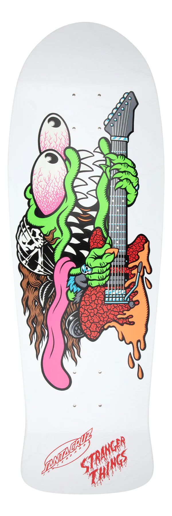 Skateboard deck with a colorful design of a creature playing an electric guitar on a white background.