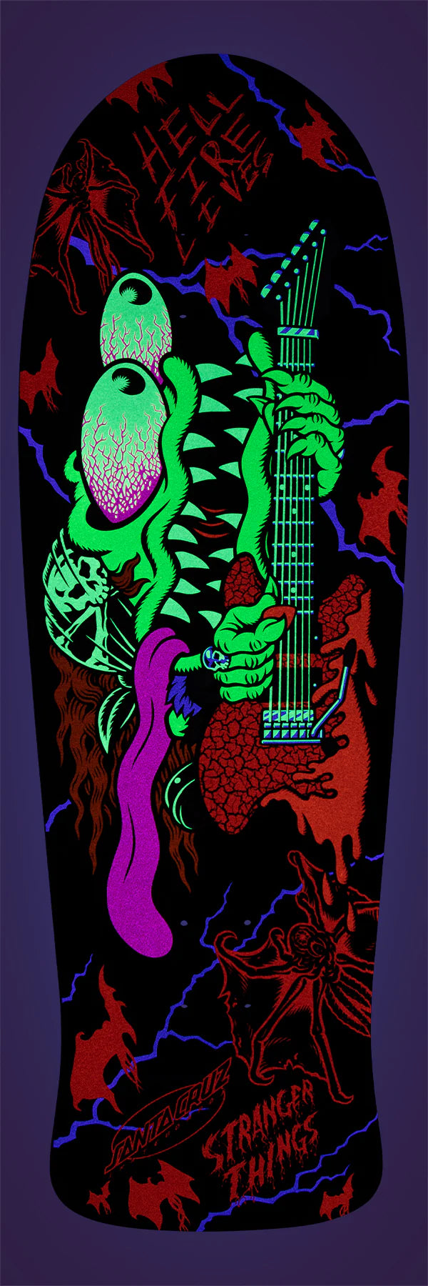 Neon-colored skateboard deck with a skeleton playing a guitar and a frog, on a dark background.