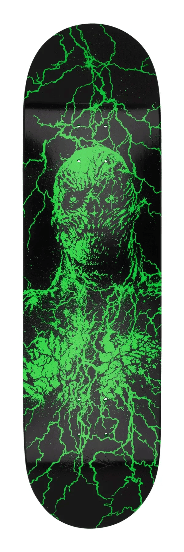 Skateboard deck with green abstract design on a black background