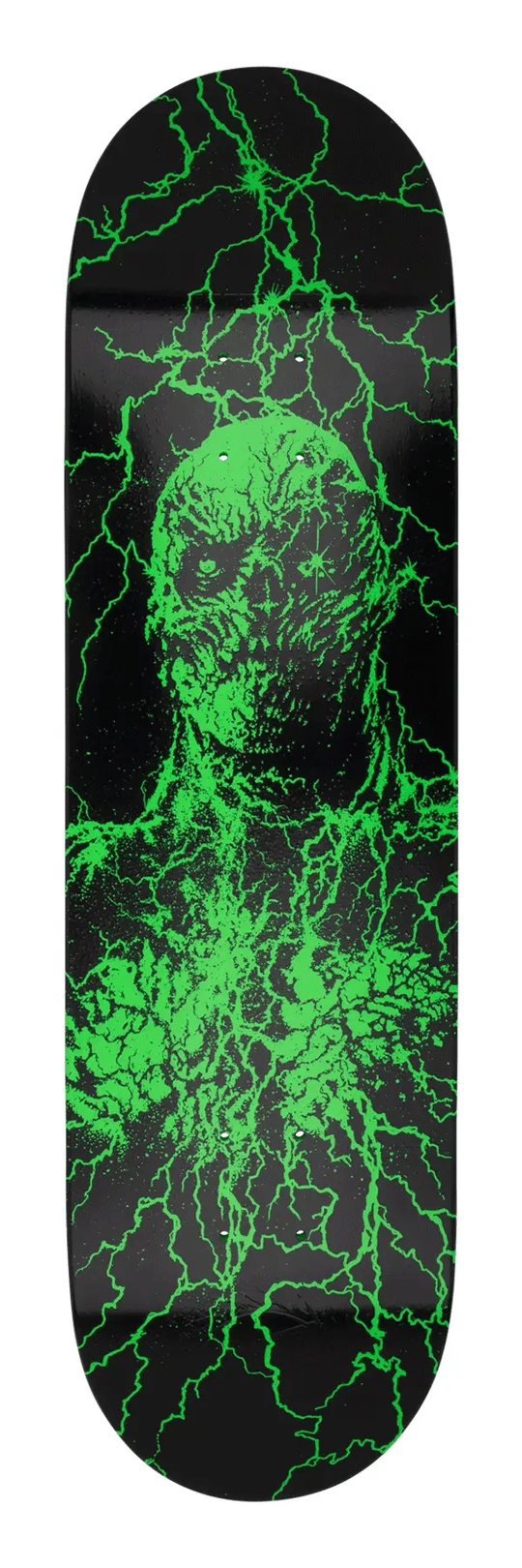 Skateboard deck with green abstract design on a black background