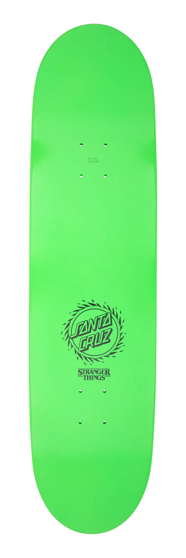 Green skateboard deck with a logo on a white background