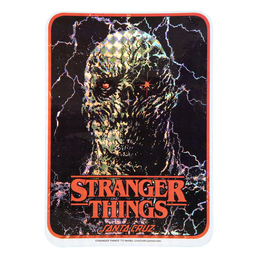 Stranger Things Santa Cruz skateboard deck with a character design on a black background