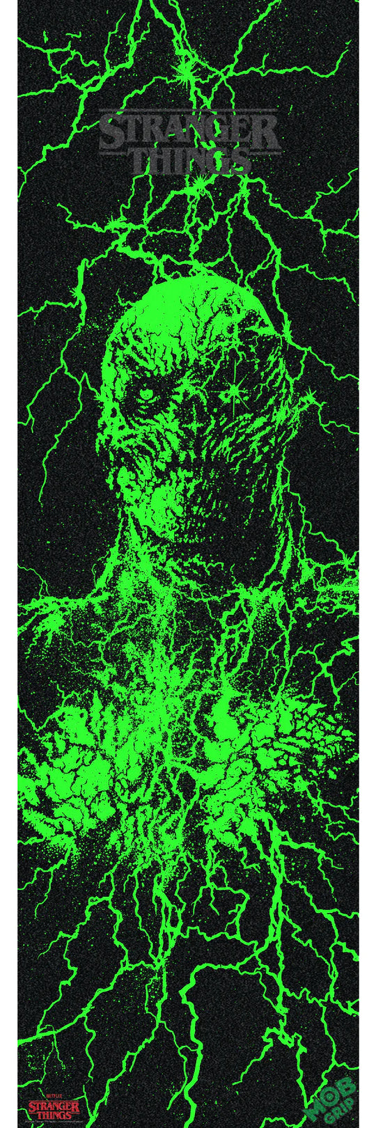 Glowing green creature design on a black background with 'Stranger Things' branding.