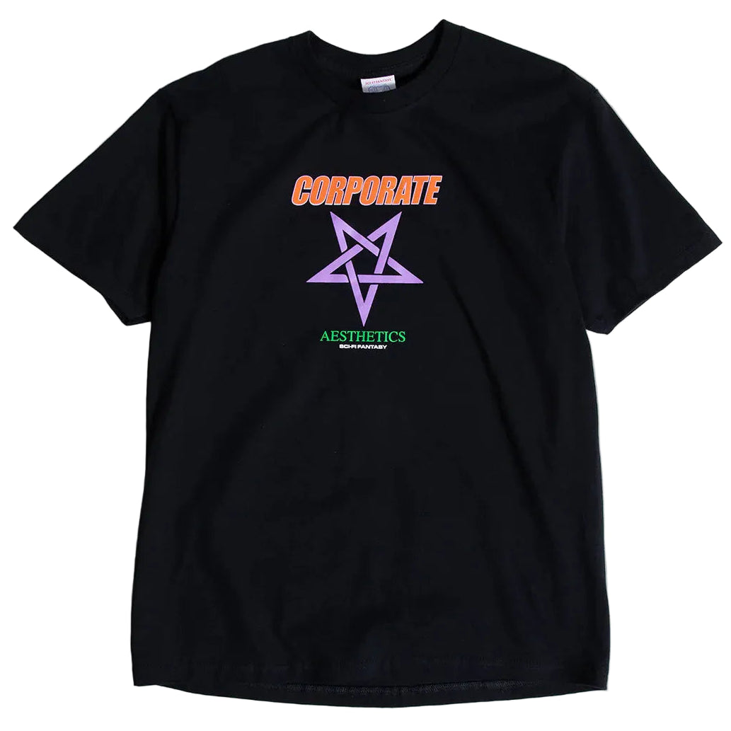 Black t-shirt with a star design and text on a white background
