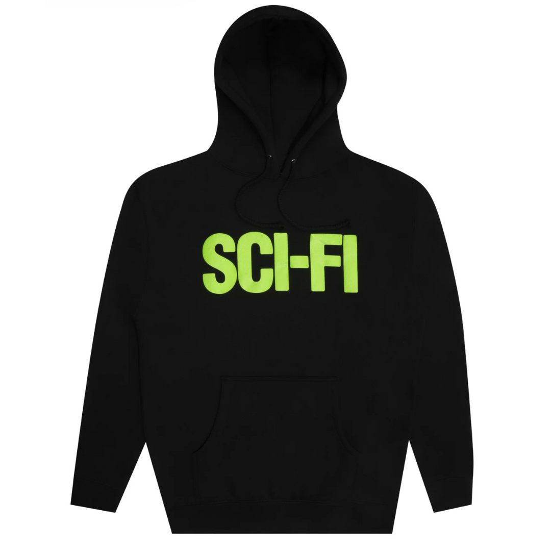 Black hoodie with 'SCI-FI' text in green on a white background